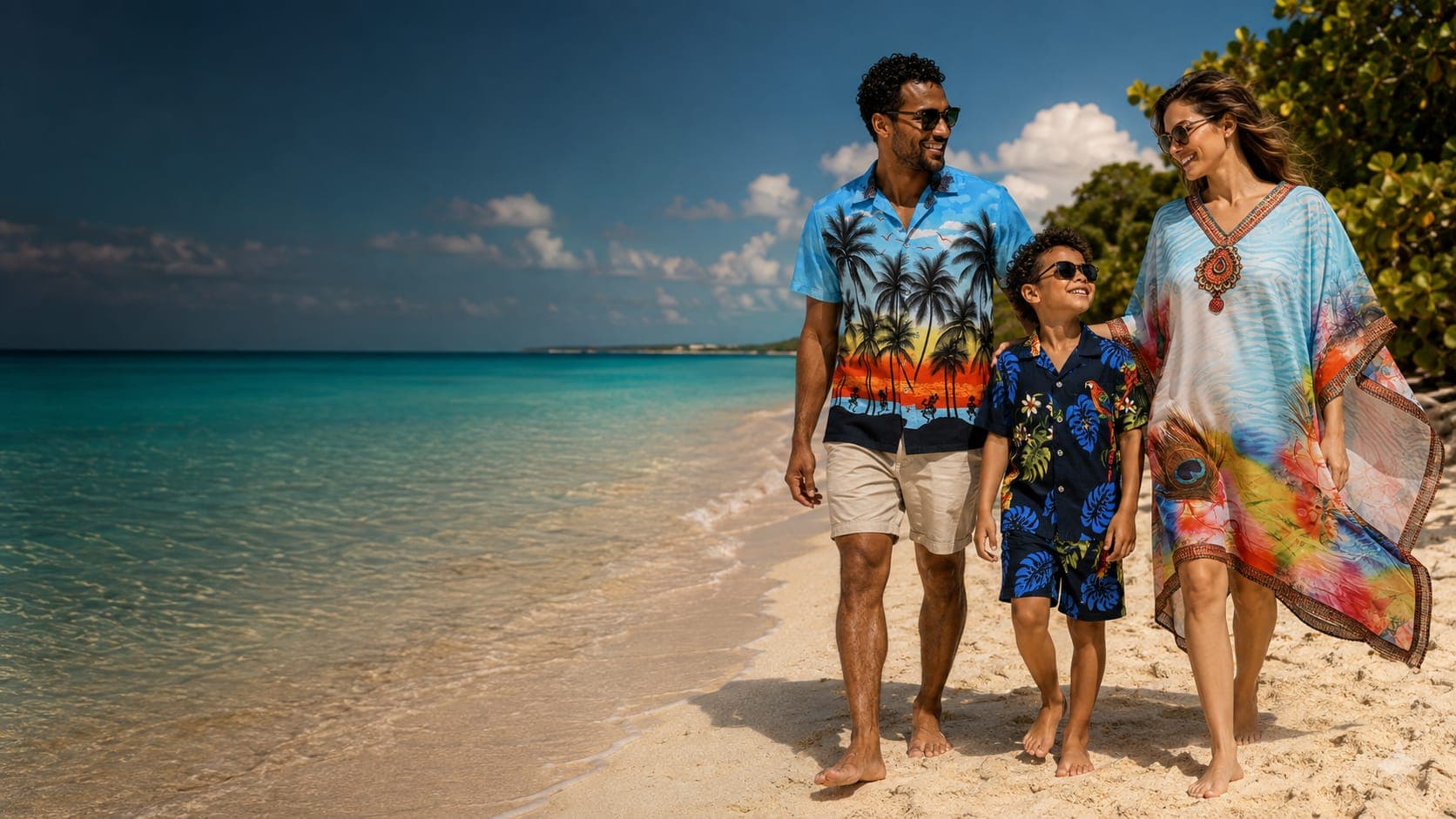 Family in Rima-inspired resort wear and kaftan walking a Grand Cayman beach at golden light