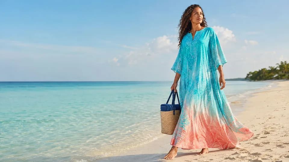 Woman in a turquoise and coral kaftan walking along the Grand Cayman shoreline with a straw beach bag