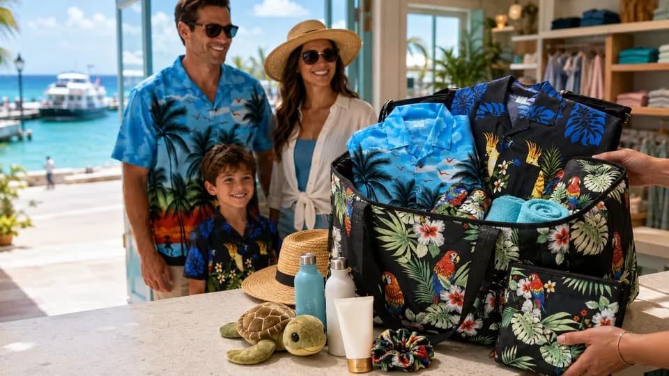 Family collecting a packed beach day combo bag with shirts, towels and sunscreen in store