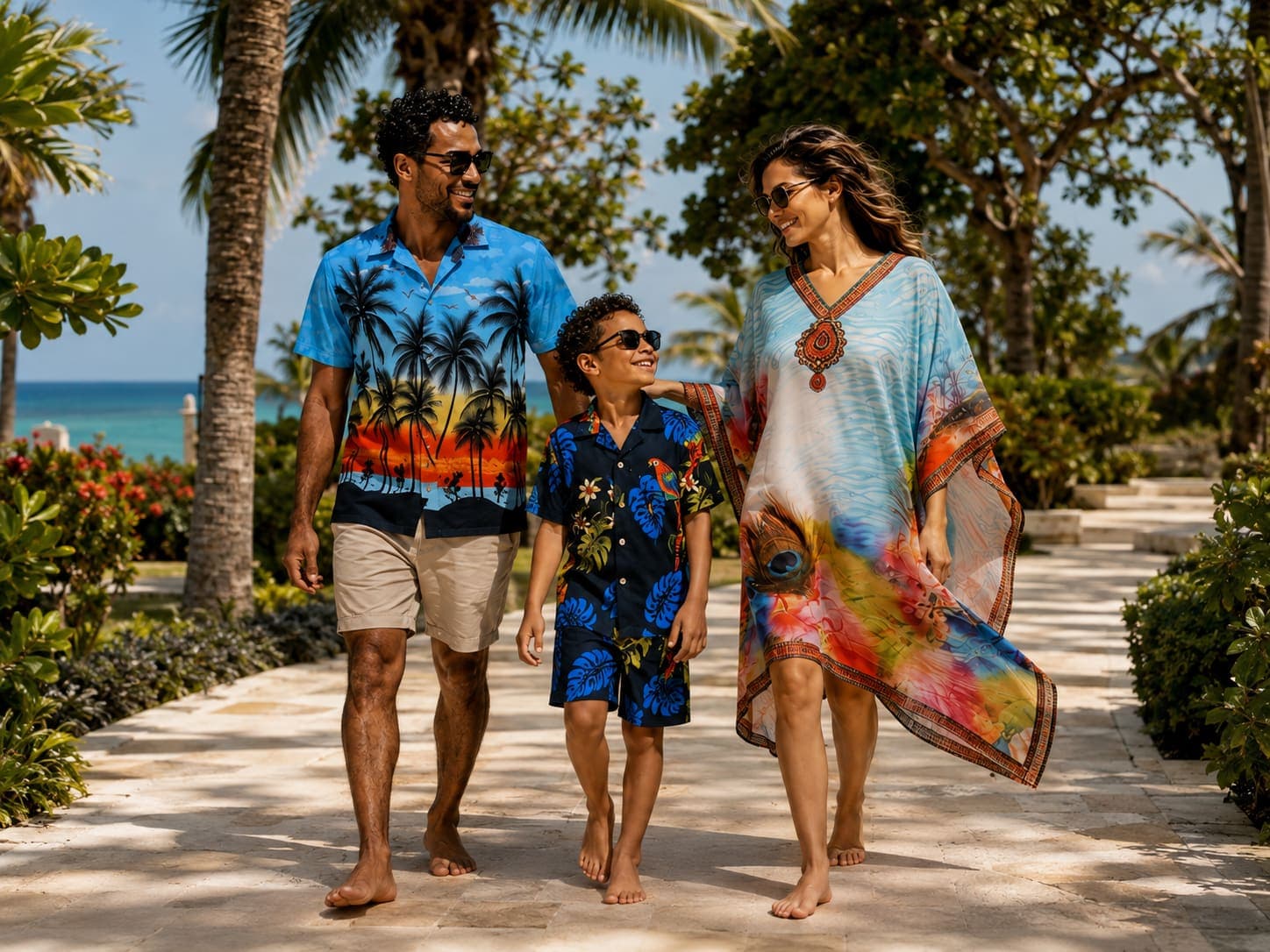 Parents and son in coordinated tropical resort prints on a Cayman resort walkway