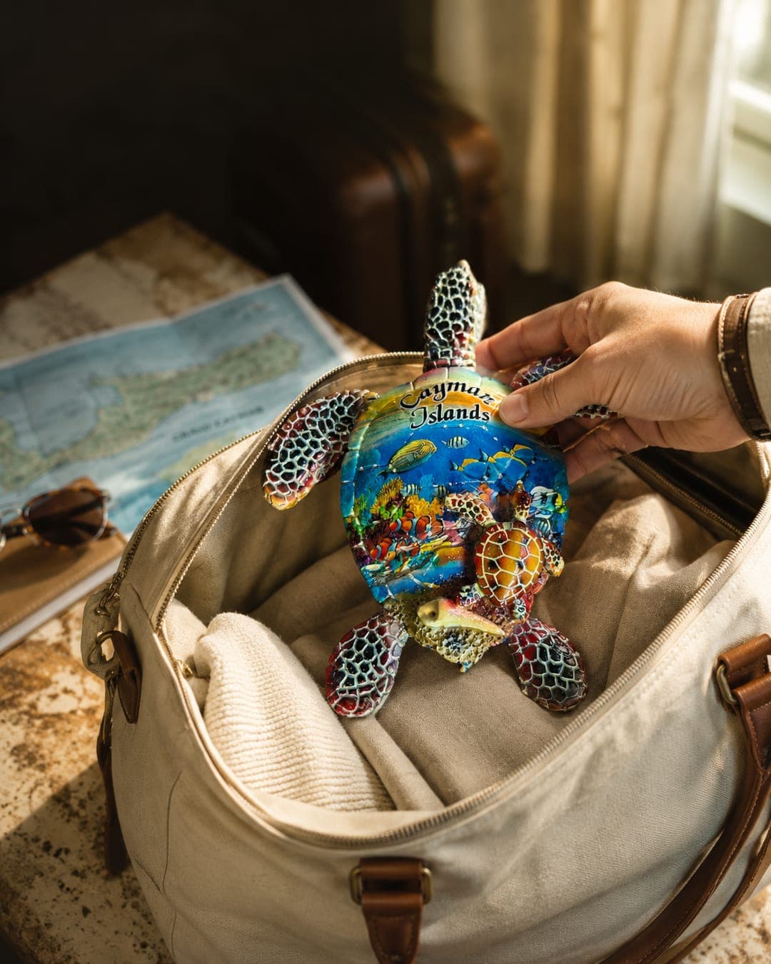 Hand-painted Cayman Islands sea turtle souvenir being packed into a travel bag beside a Grand Cayman map