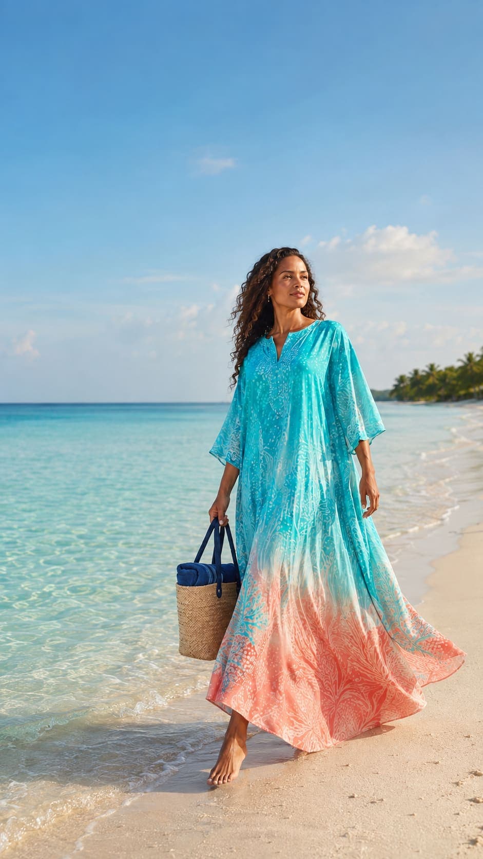 Woman in a turquoise coral-hem kaftan walking the Grand Cayman shoreline