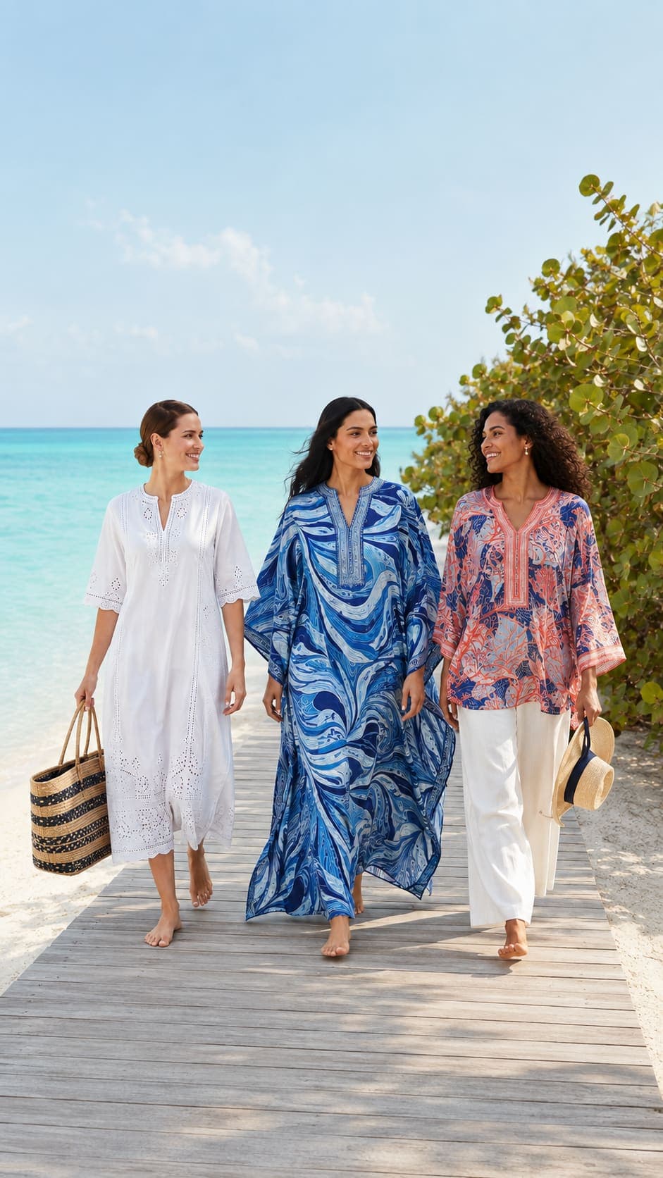 Three women in kaftans and embroidered cover-ups on a Cayman beach boardwalk