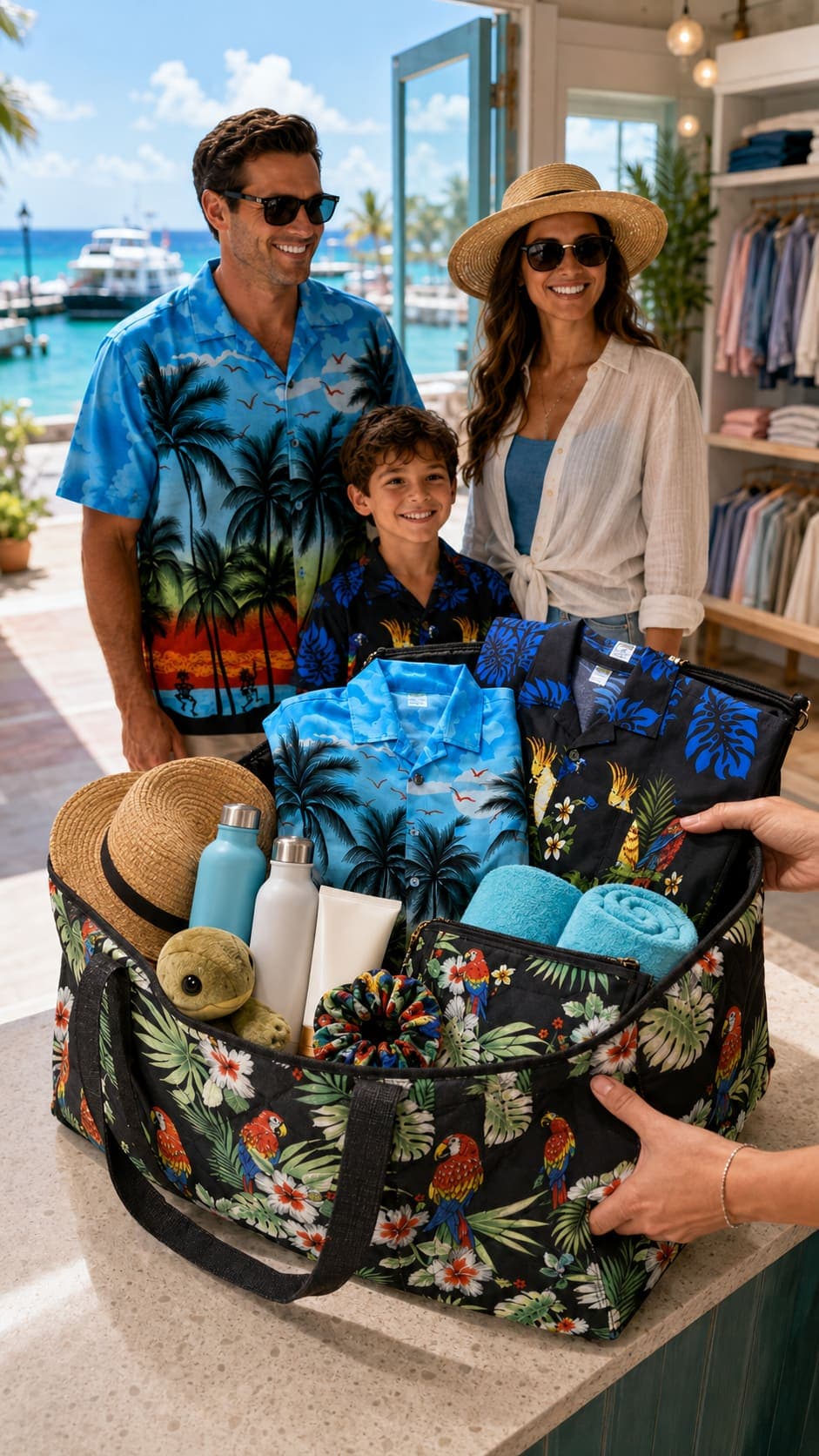 Family with a fully packed beach day combo bag ready for pickup