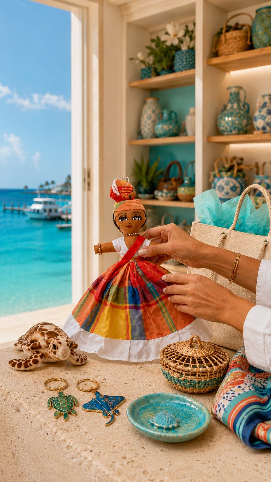 Shopper choosing a hand-made Caribbean doll beside turtle keepsakes and turquoise island pottery