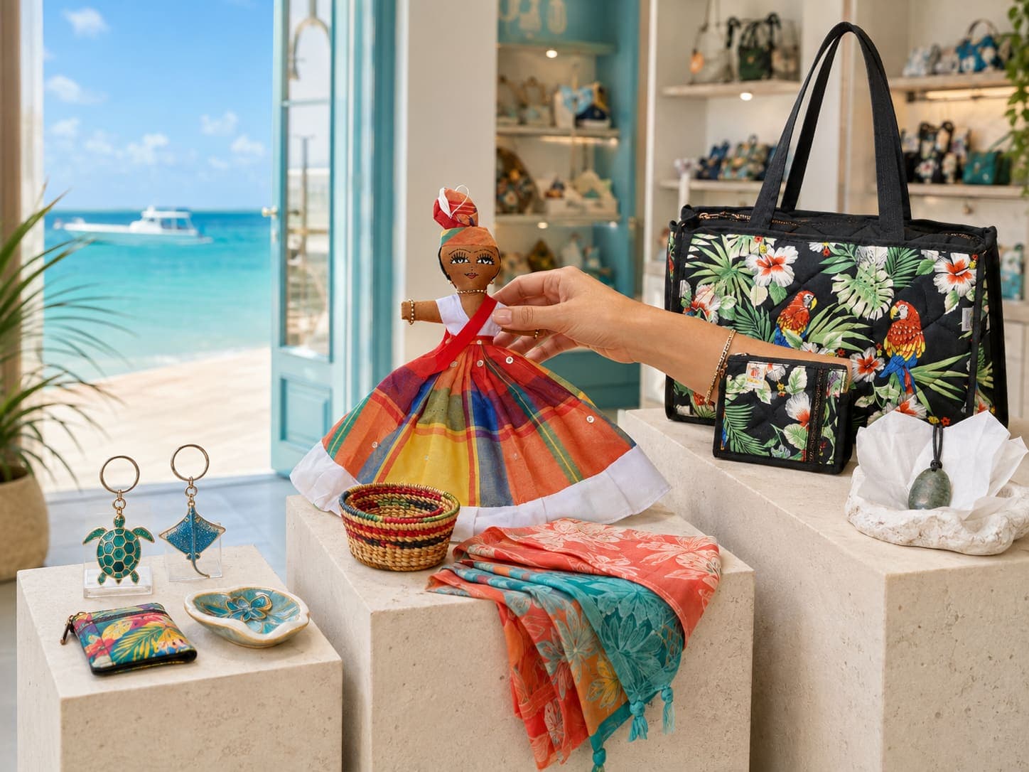 Cayman Islands souvenir display with Caribbean doll, parrot-print tote, keychains and a woven basket