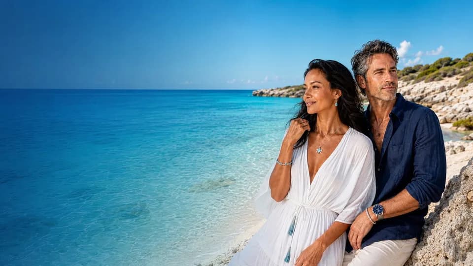 Couple on a Grand Cayman beach wearing Larimar sea-life jewellery and a dive watch